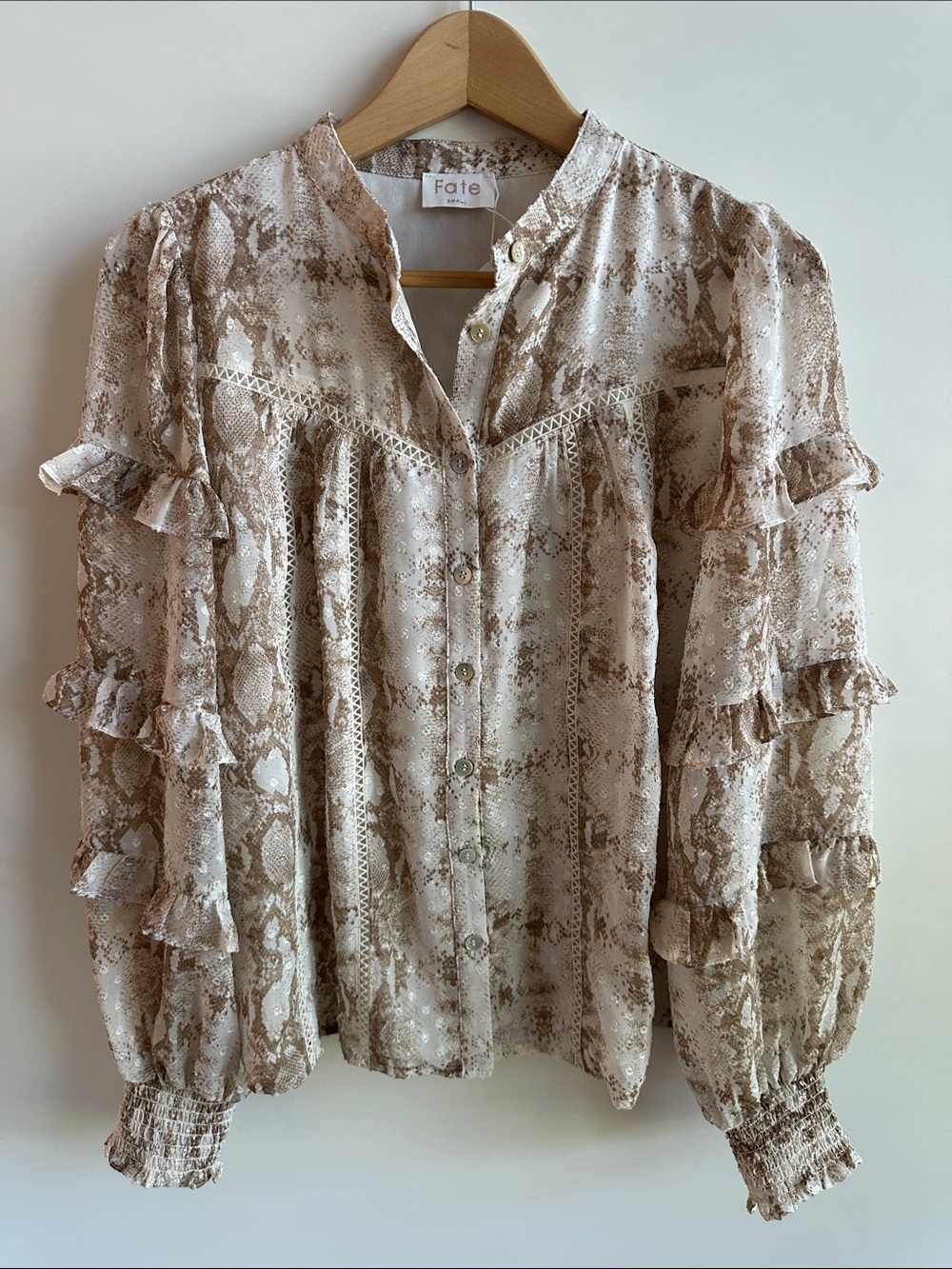 NWOT Fate Snake-Print Ruffle Button Front Blouse